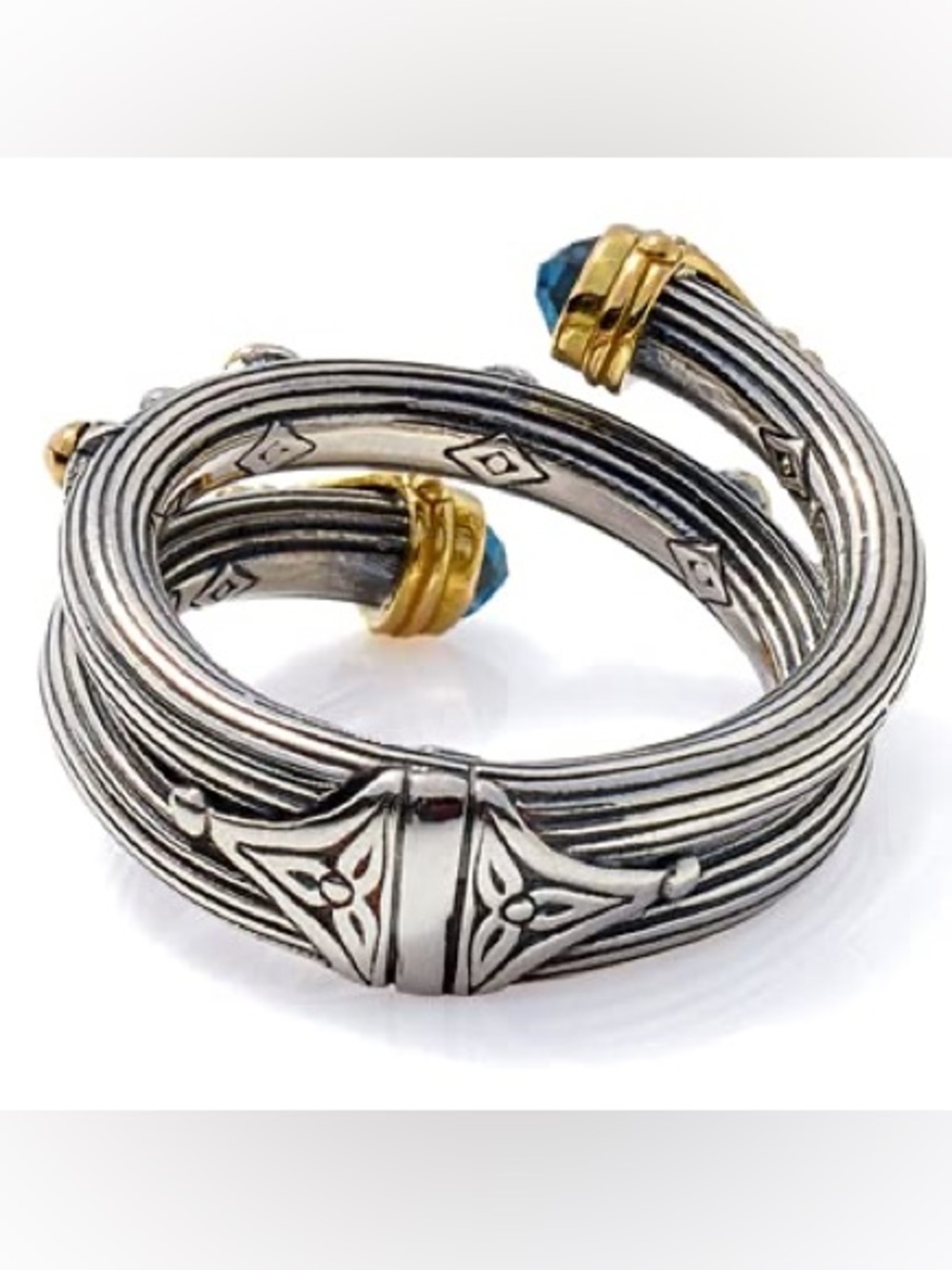 Konstantino Two-Tone Silver and Gold Wrap Ring with Blue Accent Stones - Picture 2 of 8